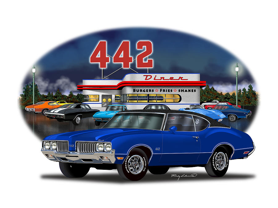 1970 Oldsmobile 442 Dark Blue with Black Vinyl Top Muscle Car Art ...