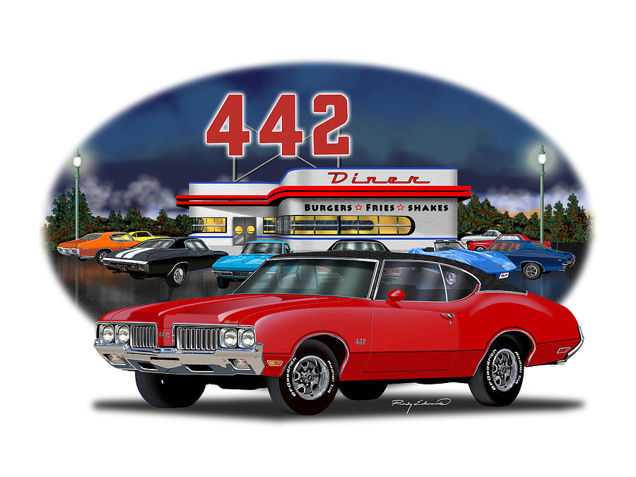 1970 Oldsmobile 442 Red with Black Vinyl Top Muscle Car Art Drawing by ...