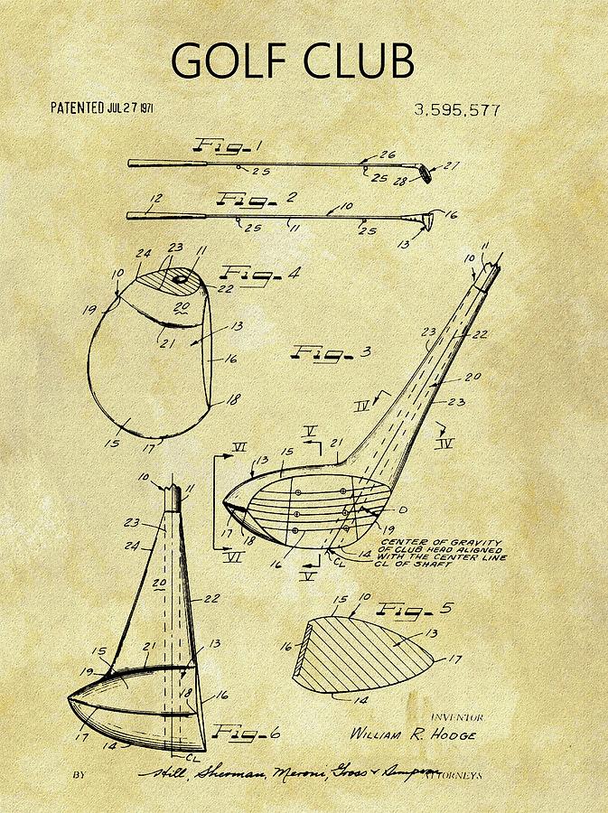 Golf Club Head Drawing - 1971 Golf Club Patent by Dan Sproul