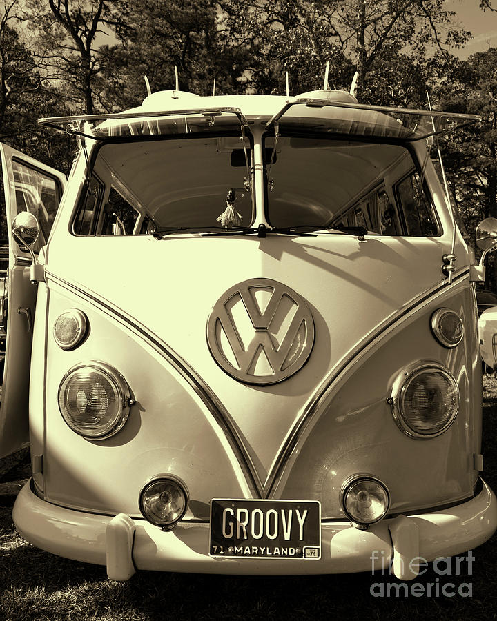 Vintage Photograph - 1971 Split Window Volkswagen Groovy Van retro sepia by Paul Ward