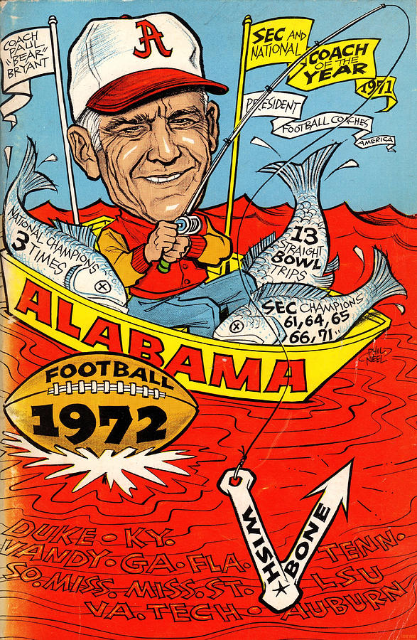 1972 Alabama Football Art Bear Bryant Drawing by Row One Brand