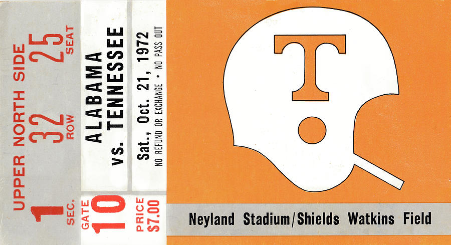 1972 Alabama vs. Tennessee Football Ticket Stub Art Mixed Media by Row One Brand