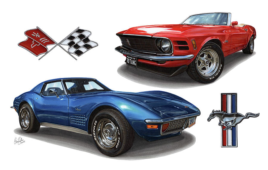1972 Corvette and 1970 Mustang Drawing by The Cartist - Clive Botha