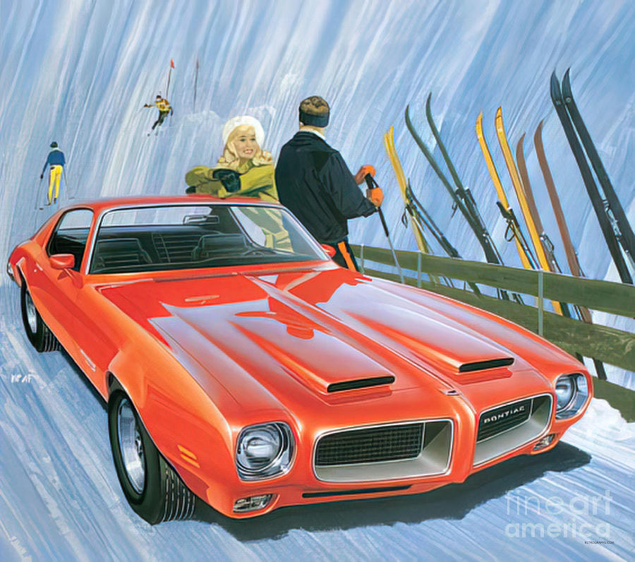 1973 Pontiac Firebird advertisement ski scene Painting by Art Fitzpatrick and Van Kaufman