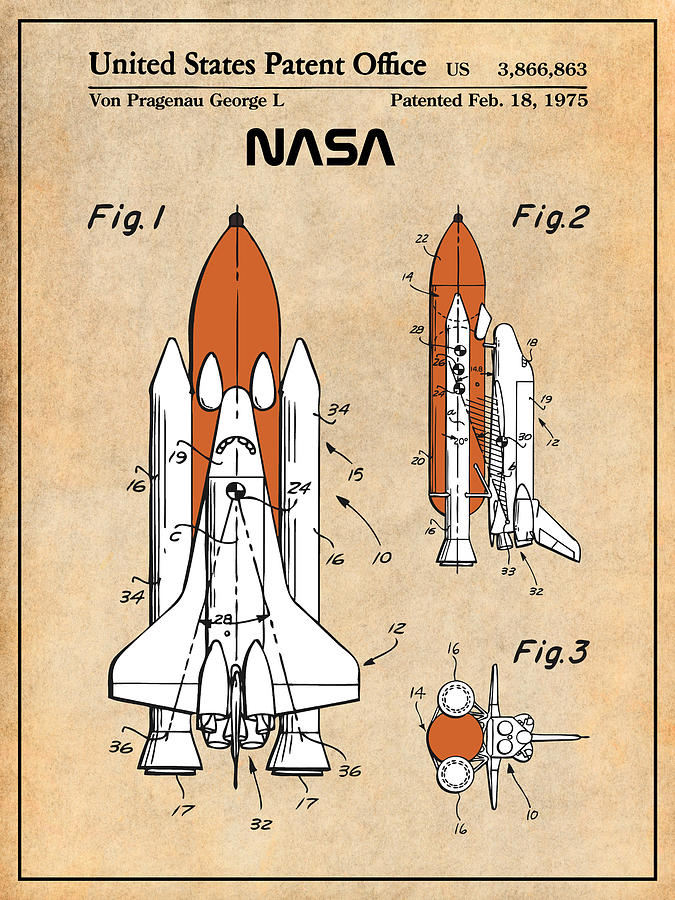 1975 NASA Space Shuttle Colorized Patent Print Drawing by Greg Edwards