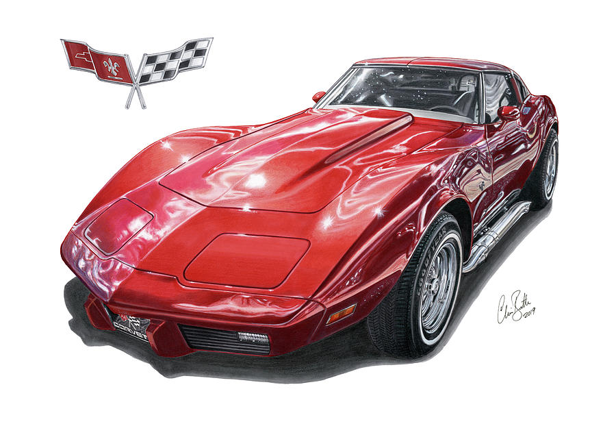 1977 C3 Chevrolet Corvette Stingray Drawing by The Cartist - Clive Botha