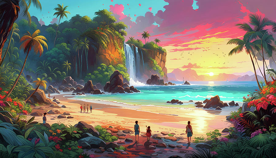 198-Gorgeous Tropical Island Beach Scene with Beautiful Sunset and Distant Waterfalls-3333 Mixed Media by Donald Keith