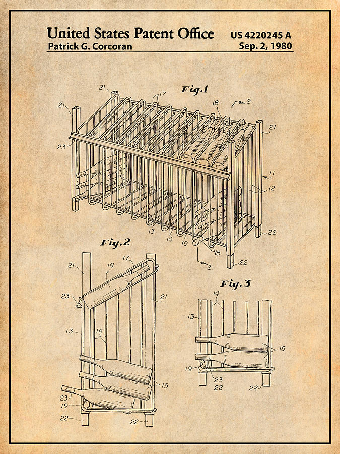 1980 Metal Wine Rack Antique Paper Patent Print Drawing by Greg Edwards