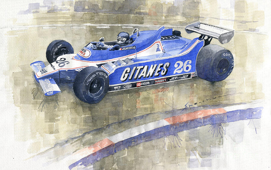 Watercolor Painting - 1980 Monaco GP Ligier Ford JS 11 15 Jacques Laffite by Yuriy Shevchuk Watercolor Painting - 1980 Monaco GP Ligier Ford JS 11 15 Jacques Laffite by Yuriy Shevchuk