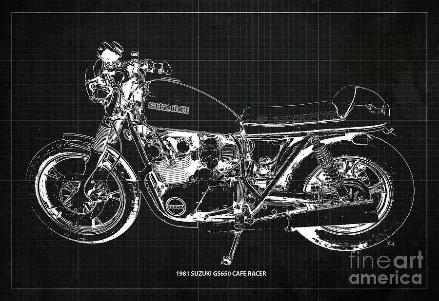 1981 SUZUKI GS650 CAFE RACER Blueprint,Vintage Dark Grey Background ...