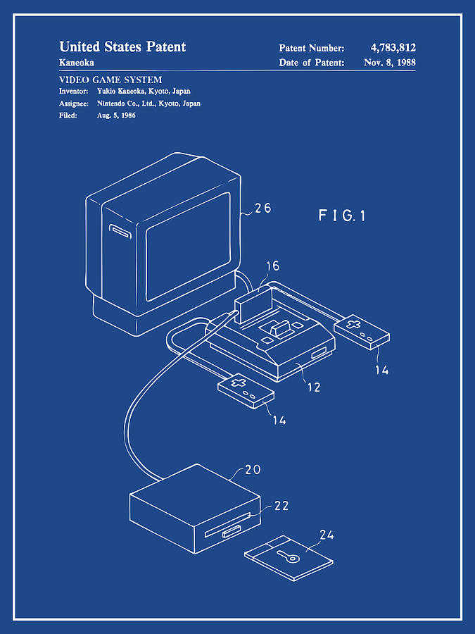 1986 Famicon Video Game System Patent Print Dark Blue Drawing by Greg Edwards