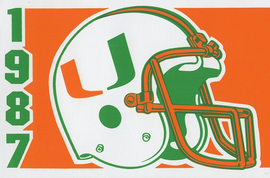 1987 Miami Hurricanes Football Helmet Art Mixed Media by Row One Brand