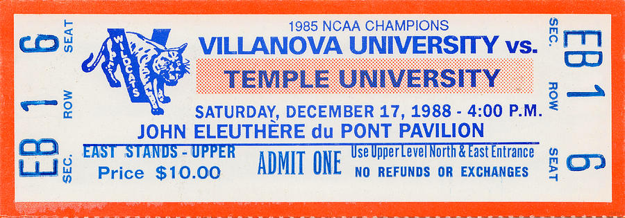 1988 Villanova vs. Temple Basketball Ticket Mixed Media by Row One Brand