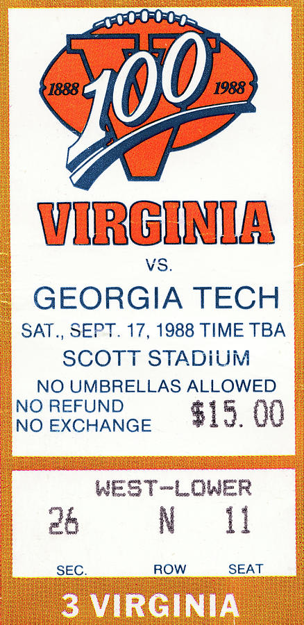1988 Virginia vs. Georgia Tech Football Ticket Stub Art Mixed Media by Row One Brand