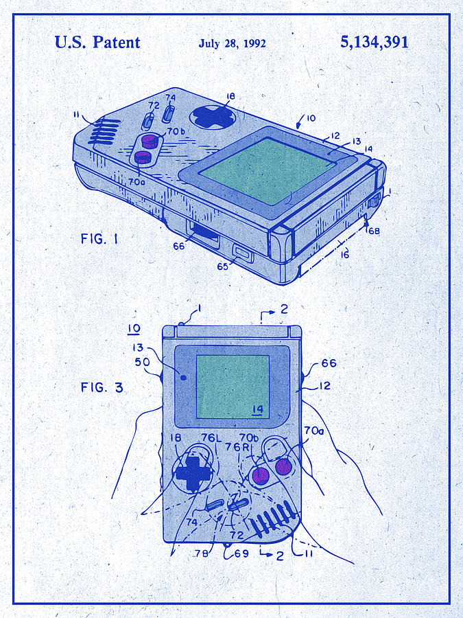 1993 Nintendo Game Boy Colorized Blueprint Patent Print Drawing by Greg Edwards