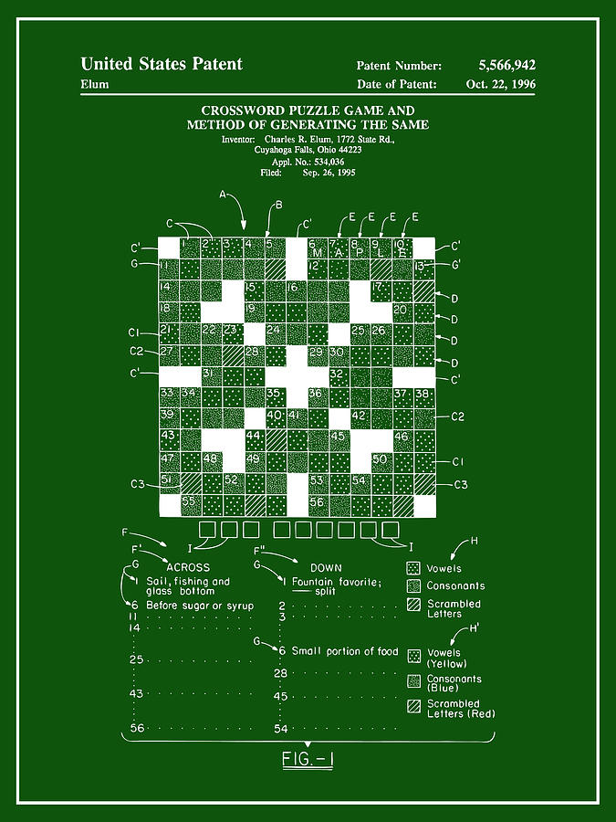 1995 Crossword Puzzle Game Patent Print Green Drawing by Greg Edwards