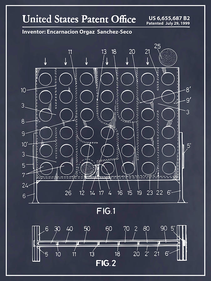 1999 Connect Four Game Board Blackboard Patent Print Drawing by Greg Edwards