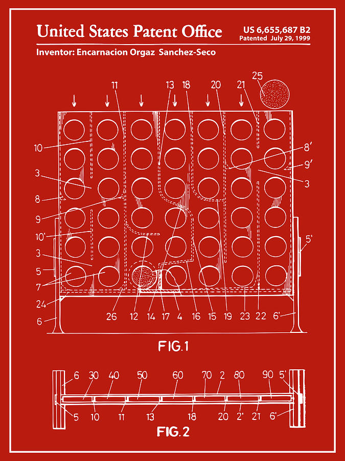 1999 Connect Four Game Board Red Patent Print Drawing by Greg Edwards