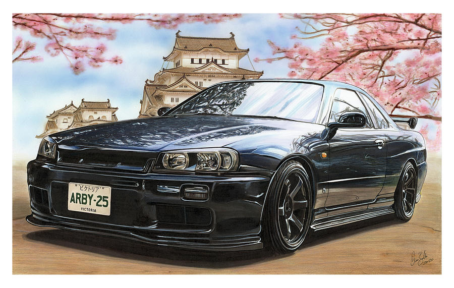 1999 Nissan Skyline R34 25GT Drawing by The Cartist - Clive Botha