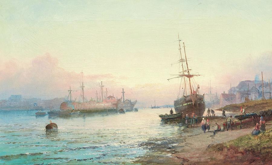 19th Century Artist Fishermen On The Beach Painting