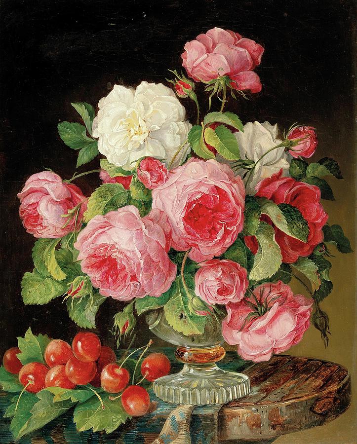 19th Century Austrian Flower Painter Roses With Cherries Painting