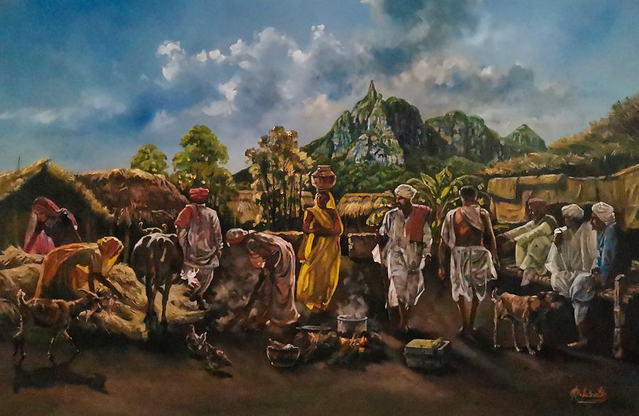 19th century Indian settlement in Mauritius Painting by Raouf Oderuth