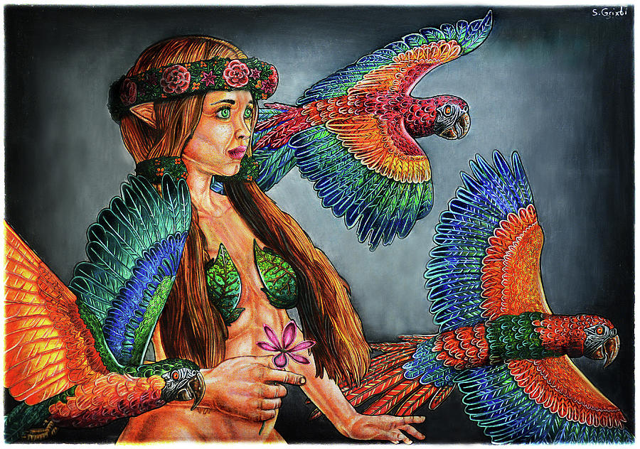 An Elf Girl with Colorful Birds - Acrylic painting Painting by Stephan Grixti