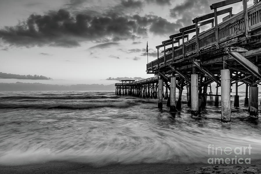 1st Dawn Cocoa Pier Grayscale Photograph by Jennifer White