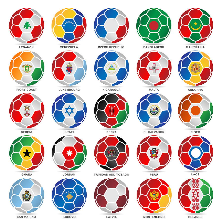 25 Flags of world on soccer balls Drawing by Et-artworks