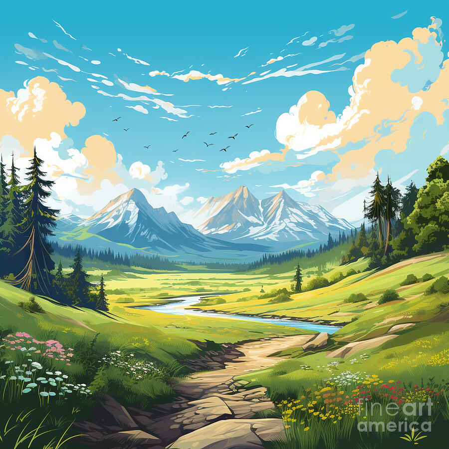2D Flat Cartoon Landscape Postcard Image   style by Asar Studios Painting by Celestial Images