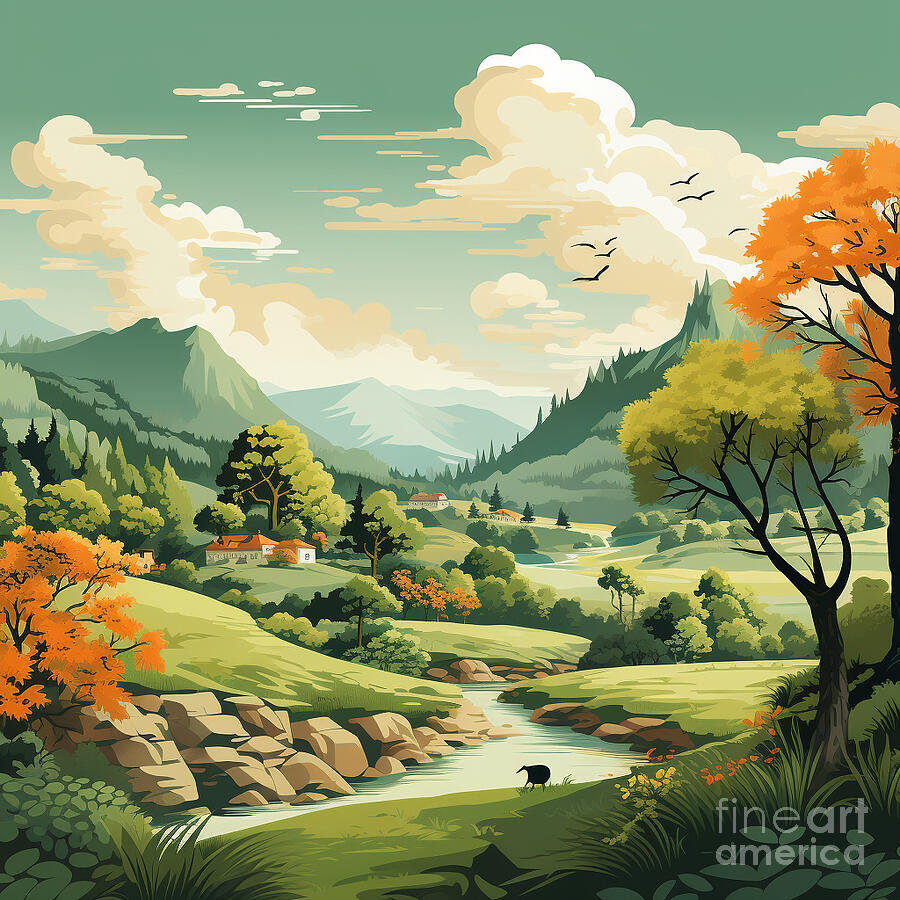 2d Retro Delicate Landscape Illustration Charmi By Asar Studios Painting