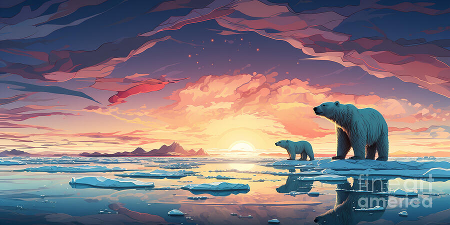 3 polar bears walking on an ice floe drifting by Asar Studios #2 Painting by Celestial Images