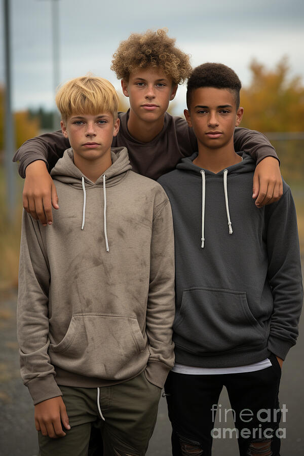 3 teen boys standing together behind a school by Asar Studios #2 Painting by Celestial Images