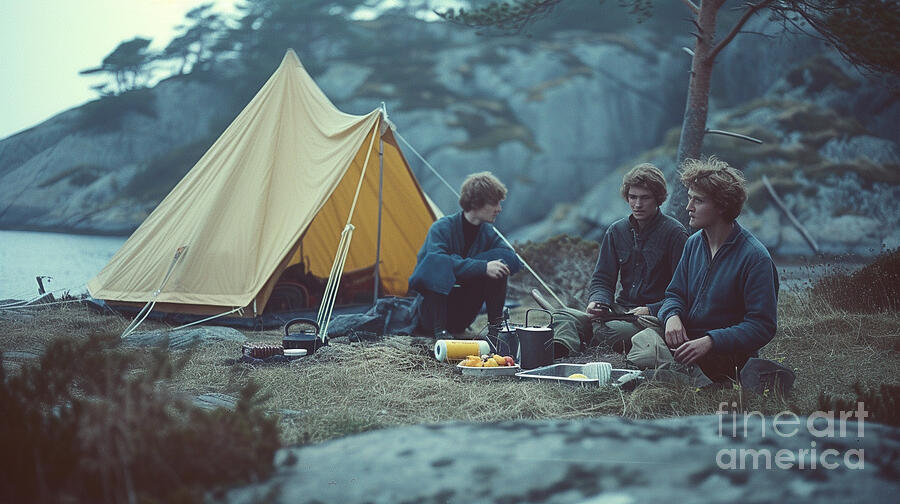 3 young men picnic on a Scandinavian beach camp by Asar Studios #2 Painting by Celestial Images