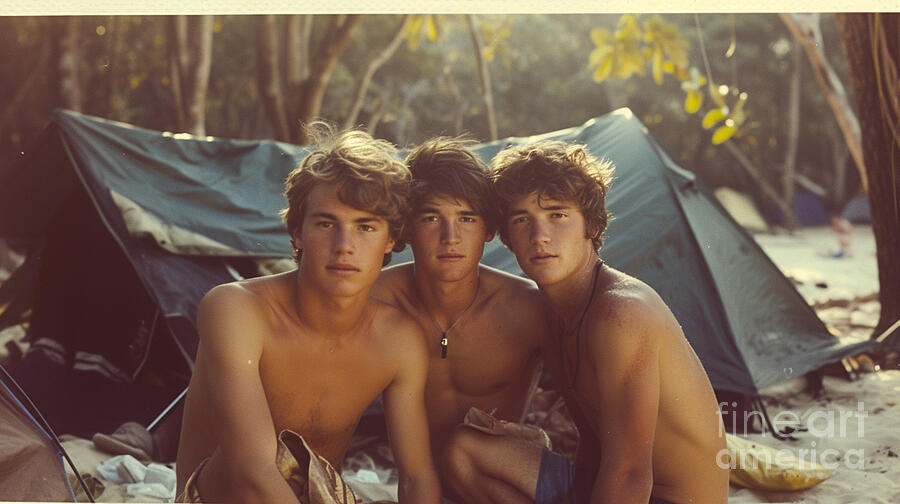 3 young men picnic on a tropical beach camping  by Asar Studios #2 Painting by Celestial Images