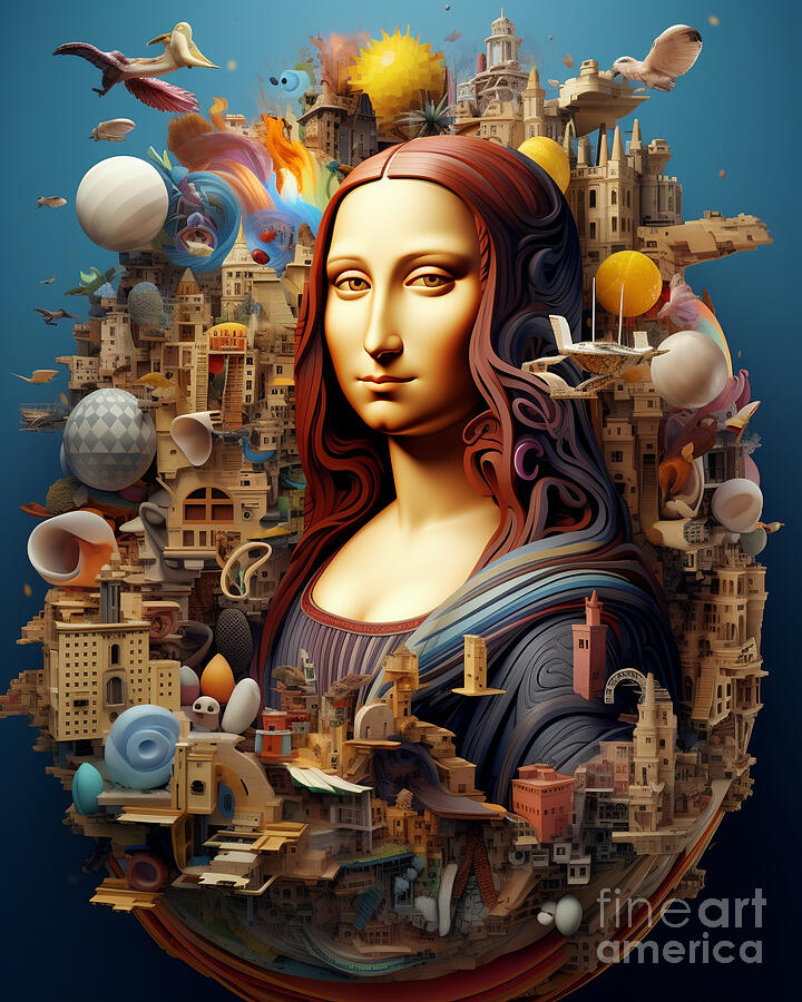 3d 4K Surrealism doodle art mona lisa cluttered by Asar Studios #2 Painting by Celestial Images