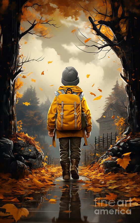 3d a kid with a backpack is on the road by Asar Studios #2 Painting by Celestial Images