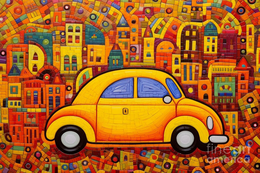 3d very bright and colorful big yellow car mini by Asar Studios #2 Painting by Celestial Images