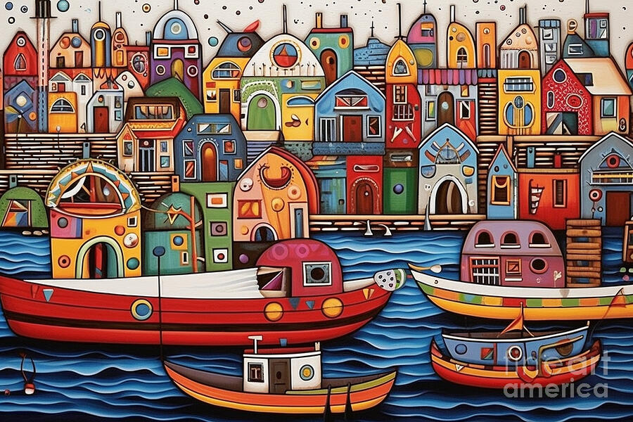 3d very bright and colorful fishing boats by Asar Studios #2 Painting by Celestial Images