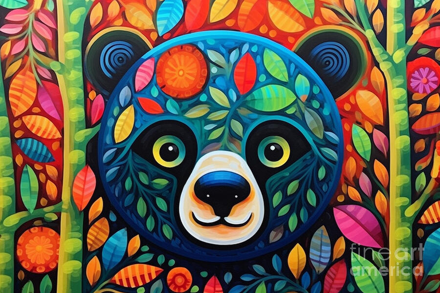3d very bright and colorful funny bear peering  by Asar Studios #2 Painting by Celestial Images
