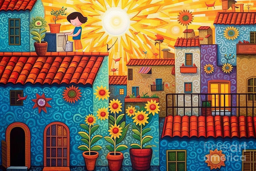 Pattern Painting - 3d very bright and colorful girl watering flowe by Asar Studios #2 by Celestial Images