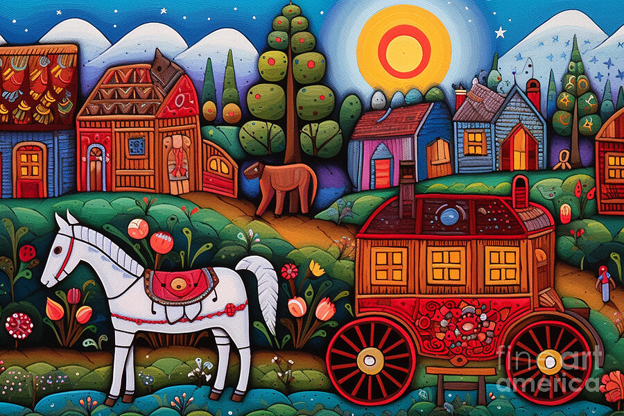 Tree Painting - 3d very bright and colorful lady wagon and old  by Asar Studios #2 by Celestial Images