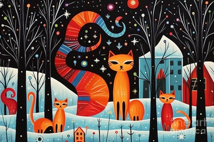 3d very bright and colorful red cats and black  by Asar Studios #2 Painting by Celestial Images