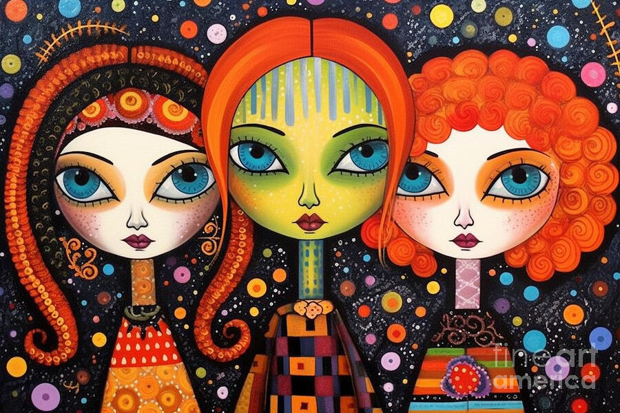 3d very bright and colorful three goth girls by Asar Studios #2 Painting by Celestial Images