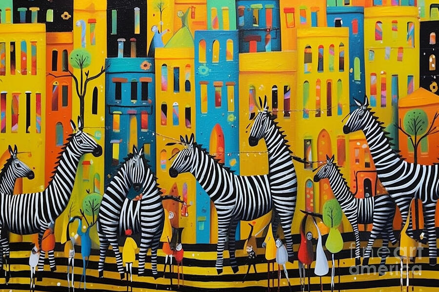 Zebra Painting - 3d very bright and colorful yellow and black by Asar Studios #2 by Celestial Images