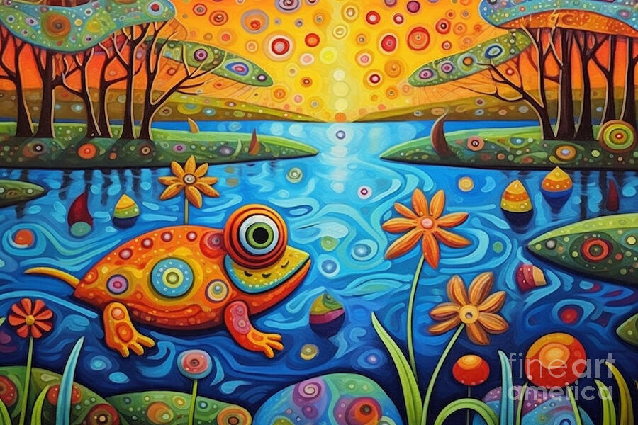 3d very bright and colorfulfrogs on patties by Asar Studios #2 Painting by Celestial Images