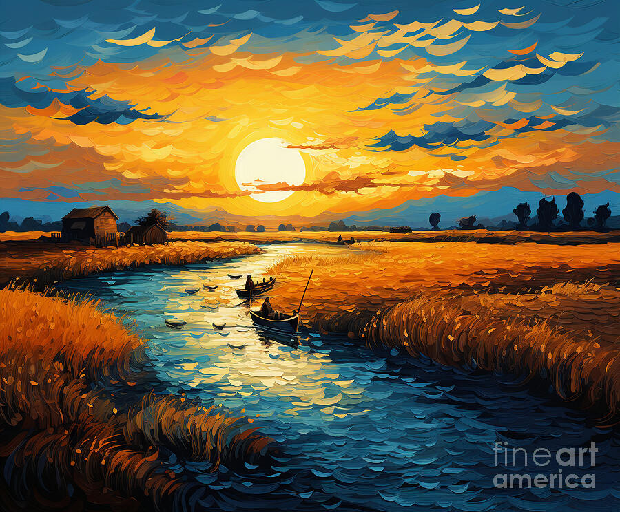 Sunset Painting - 3d women harvesting wheat in a belo field by Asar Studios #2 by Celestial Images