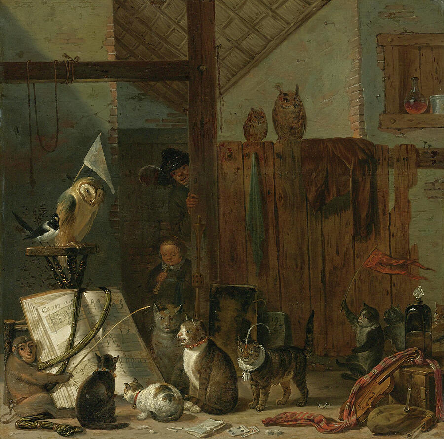 A Concert Of Cats, Owls, A Magpie, And A Monkey In A Barn, by 1681 Painting by Cornelis Saftleven A Concert Of Cats, Owls, A Magpie, And A Monkey In A Barn, by 1681 Painting by Cornelis Saftleven