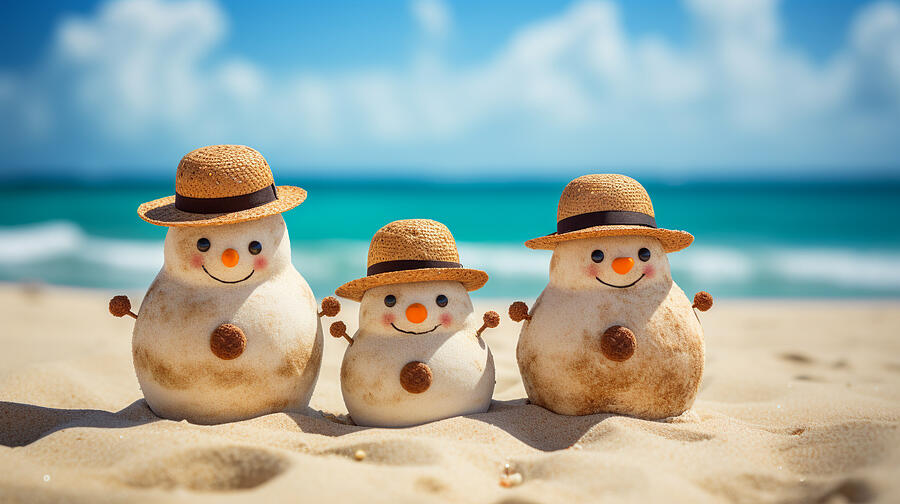 a family of snowman made from sand on a tropica by Asar Studios #2 Painting by Asar Studios