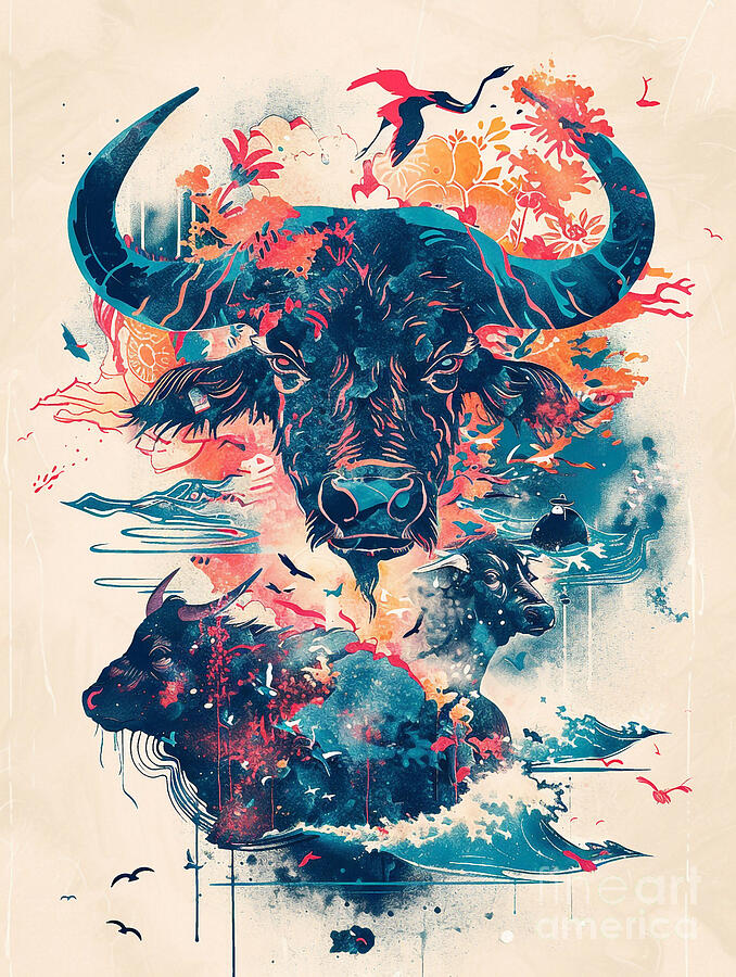 A Graphic Design Of Water Buffalo Farm Animals Drawing